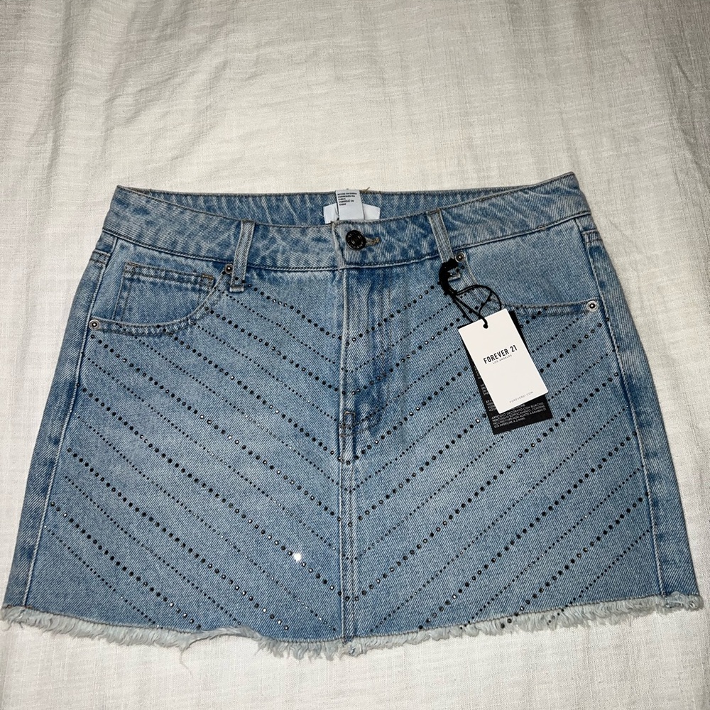 NWT Forever 21 Light Blue Denim Embellished Rhinestone Mini Skirt